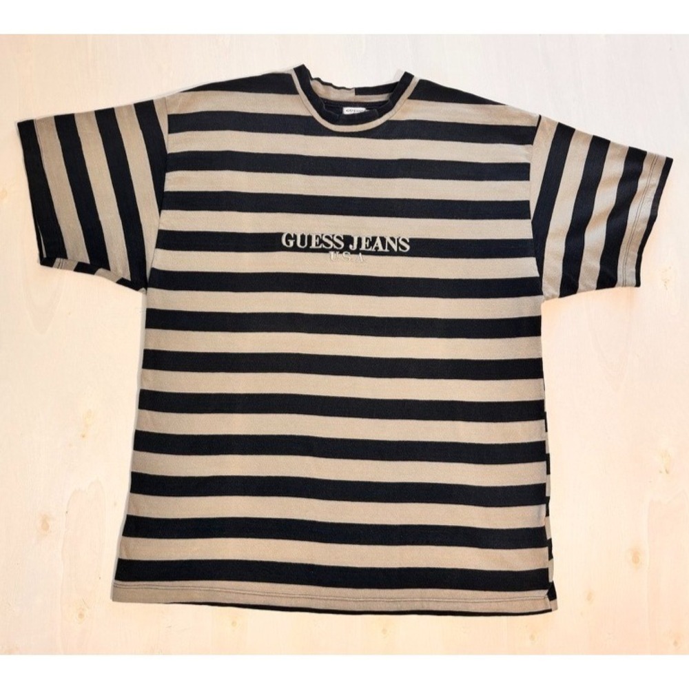 VTG 90s GUESS by Georges Marciano Striped Short Sleeve Shirt Black M Vintage USA